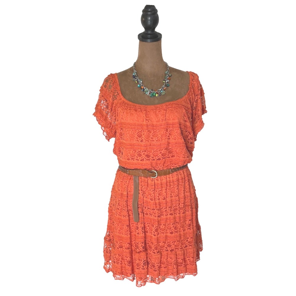 Trixxi Womens XL Orange Lace Mini Dress Short Sleeve Belted Boho Lagenlook Belt
